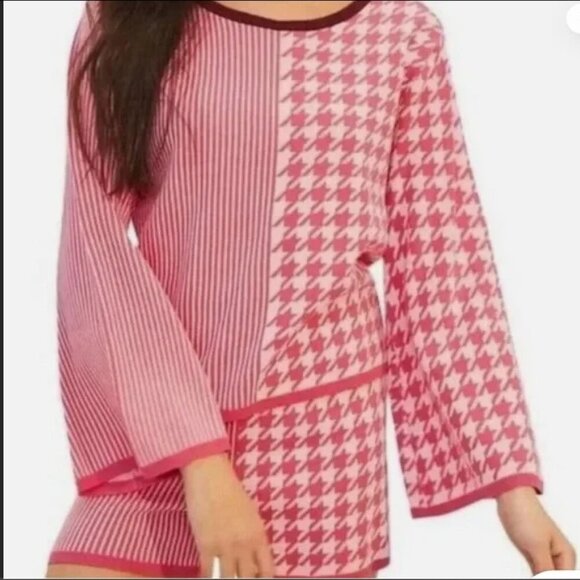 Barbiecore Knit Pink Colorblock Stripe Houndstooth Bell Sleeve Crop XS - Picture 7 of 7